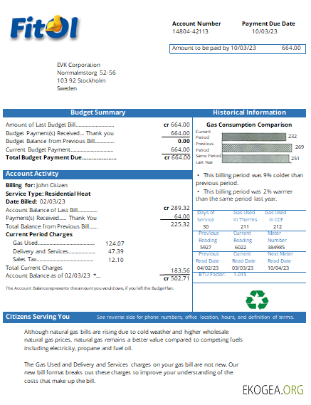 Facture commerciale du service public de gaz Fitol, SCR